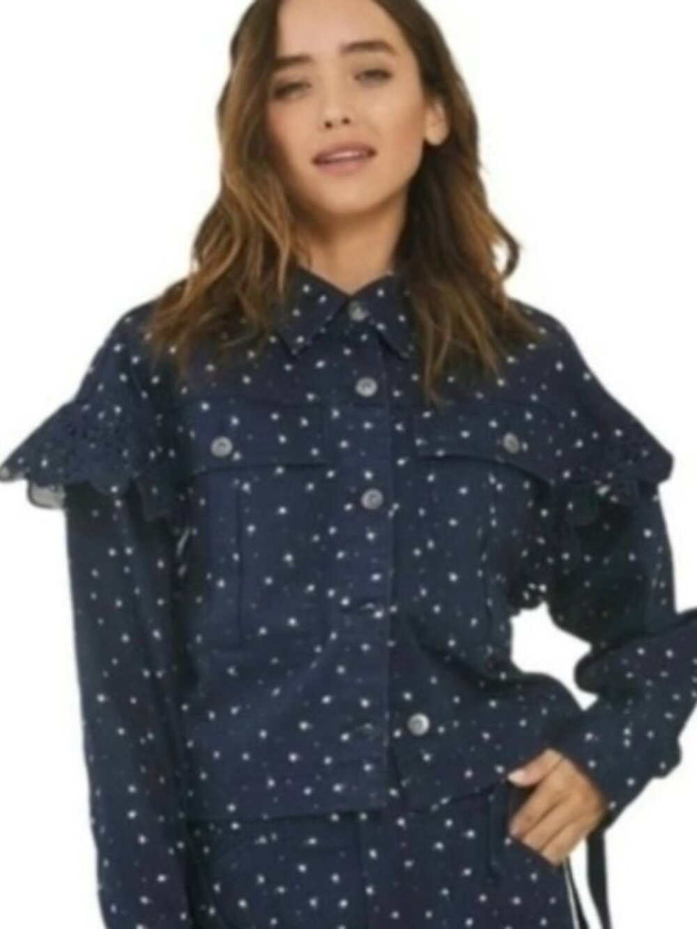 NWT Something Navy Navy Floral Ruffle Denim Jacket Preppy Coastal Girly XS $195